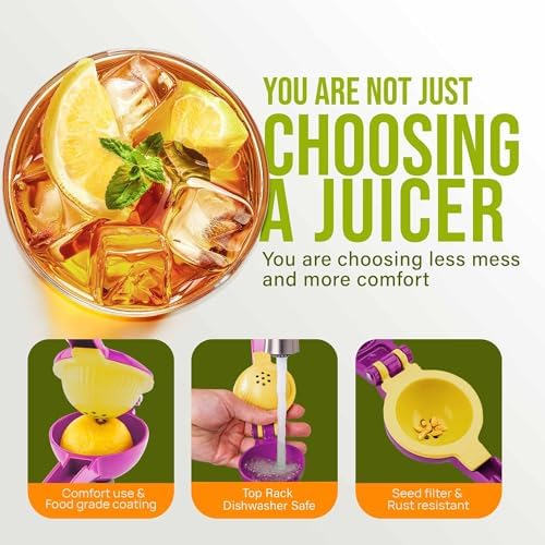 Zulay Kitchen Metal 2-in-1 Lemon Squeezer - Sturdy Max Extraction Hand Juicer Lemon Squeezer Gets Every Last Drop - Easy to Clean Manual Citrus Juicer - Easy-Use Lemon Juicer Squeezer - Purple/Yellow - Image 4