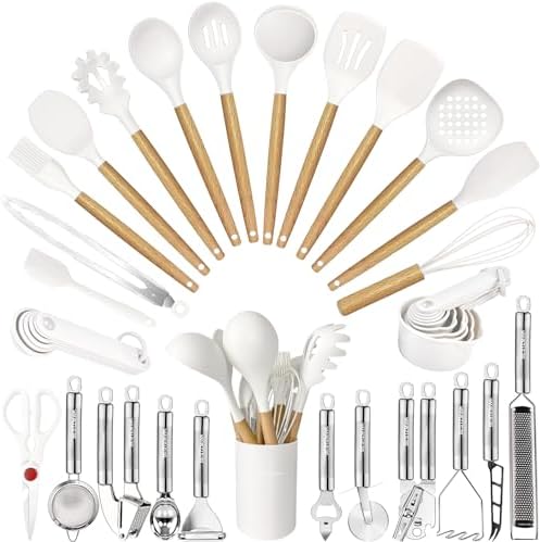Cooking Utensils Set- 35 PCs Kitchen Utensils with Grater,Tongs, Spoon Spatula &Turner Made of Heat Resistant Food Grade Silicone and Wooden Handles Kitchen Gadgets Tools Set for Cookware by BESTZMWK