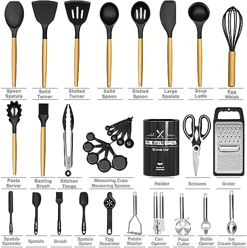 Kitchen Utensils Set- 34PCS Silicone Cooking Utensil with Holder, Umite Chef Heat Resistant Kitchen Spatula Set for Nonstick Cookware, Black Wooden Handles Kitchen Gadgets Tools Set - Image 6