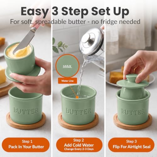 Priority Chef Large Butter Crock with Lid with Water Line, Ceramic French Butter Dish to Leave On Counter, Sage - Image 3