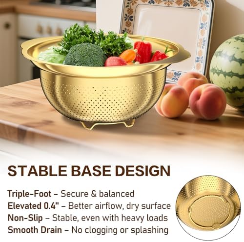 Stainless Steel Strainers for Kitchen, Stainless Steel Colander, Kitchen Strainer for Pasta Fruits Vegetables, 3 Pack Strainers and Colanders(5QT, 3QT, 2QT), Rust-Proof & Dishwasher Safe, Gold - Image 2