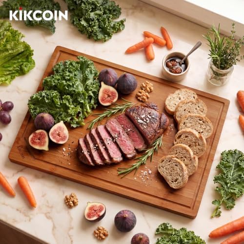 Kikcoin 17”×11” Deep-Carbonized Bamboo Cutting Boards for Kitchen, Healthy Wooden Cutting Boards for Kitchen, Charcuterie, Vegetables, Extra Large Chopping Boards with Deep Juice Groove and Handle - Image 2