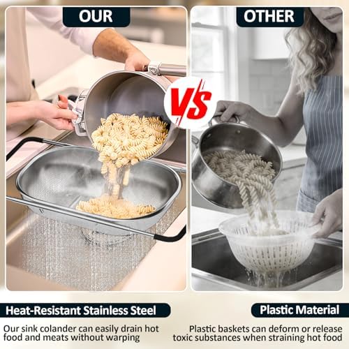 Over the Sink Colander - Strainers and Colanders - Sink Strainer Basket - Expandable Fine Mesh Strainer with Rubber Grip for Veggie, Fruits, Pasta, Home Kitchen Essentials (9.5W x 13.4-21.3L x 3.3H) - Image 3
