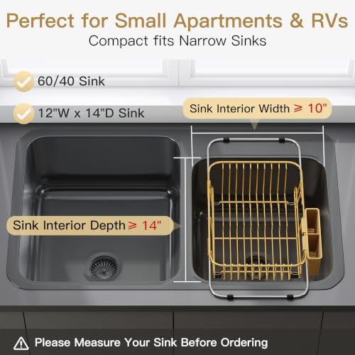 JASIWAY Gold Dish Drying Rack in Sink with Utensil Holder, RV, Apartment - Image 3