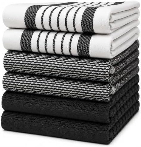 Premium Kitchen Towels 6 Pack 100% Cotton 20"x28" Dish Towels Black Striped by BumbleTowels