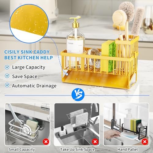 Cisily Lemon Yellow Sink Caddy Organzier with High Brush Holder, Sponge Holder for Sink, 304 Rustproof Stainless, Kitchen Countertop Soap Dispenser Organizer, Lemon Kitchen Decor and Accessories - Image 4