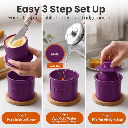 Priority Chef Butter Crock with Lid for Countertop with Spreader Knife and Water Line, Soft Spreadable Butter, Ceramic French Butter Dish with Lid, Purple - Image 3