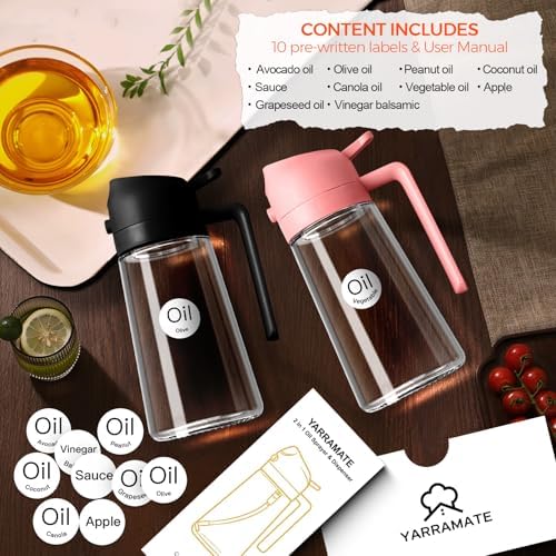 YARRAMATE 2Pcs 16oz/470ml Glass Olive Oil Sprayer for Cooking with Stickers, 2 in 1 Oil Dispenser for Kitchen Gadgets, Food Grade Premium Spray Bottle with Portion Control for Salad, BBQ (Pink&Black) - Image 2