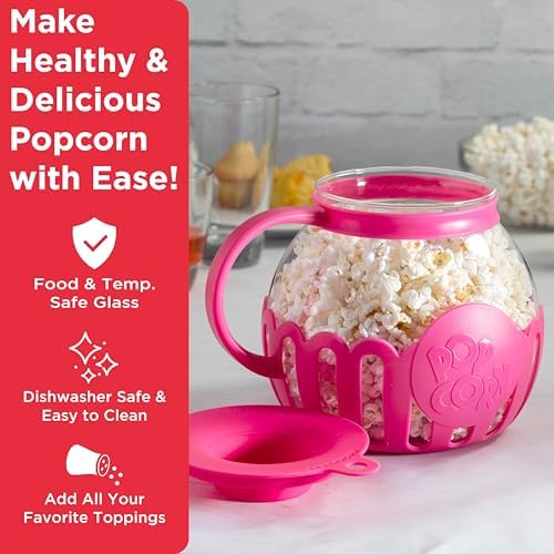 Ecolution Patented Micro-Pop Microwave Popcorn Popper with Temperature Safe Glass, 3-in-1 Lid Measures Kernels and Melts Butter, Made Without BPA, Dishwasher Safe, 3-Quart, Hot Pink - Image 2