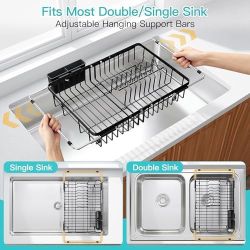 JASIWAY Black Dish Drying Rack Over the Sink with Utensil Holder - Image 3