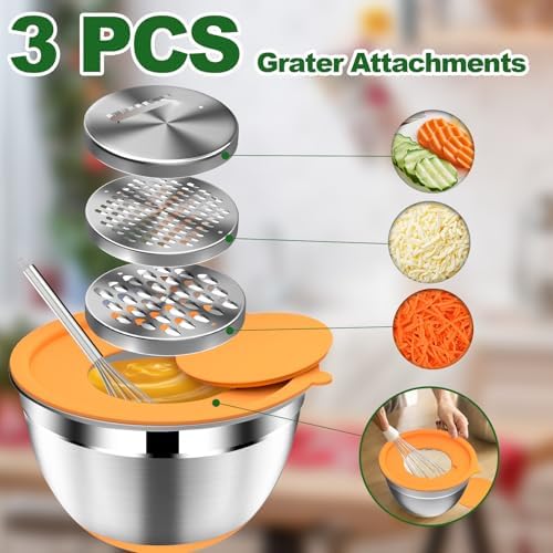 DUTZUN Mixing Bowls with Lids Set - 16pcs Stainless Steel Mixing Bowl Set with Colander, 3 Grater Attachments, Non-Slip Bottom, Metal Nesting Bowls with Strainer for Mixing & Serving - Multicolor - Image 4