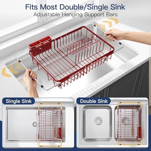 JASIWAY Red Dish Drying Rack Over the Sink with Utensil Holder - Image 3