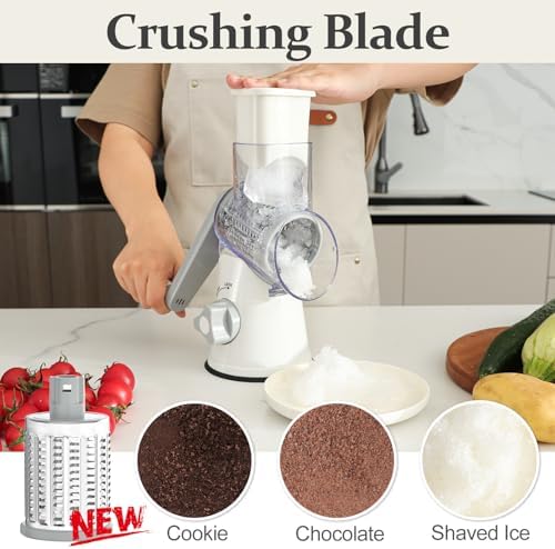Cambom Rotary Cheese Grater Hand Crank Cheese Shredder for Fresh Cheese, Vegetable, Nuts,Non-slip Suction Base, Five Blades, White (Pack of 2) - Image 3