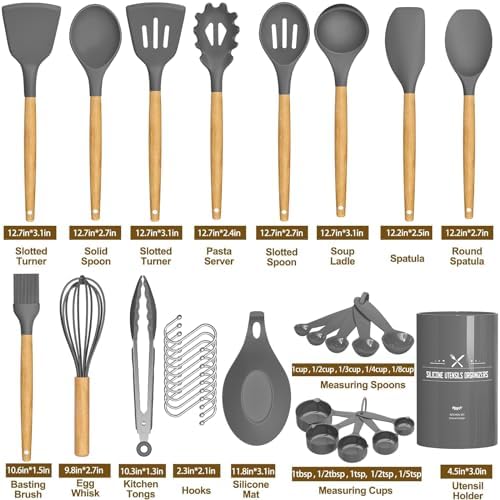 Umite Chef Kitchen Cooking Utensils Set, 33 pcs Non-stick Silicone Spatula Set with Holder, Woodle Handle Heat Resistant Gadgets Utensil (Gray) - Image 5
