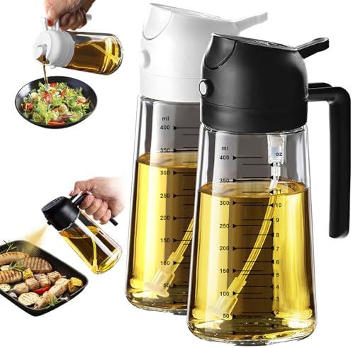 TrendPlain 16oz/470ml Glass Olive Oil Sprayer for Cooking – 2 in 1 Olive Oil Dispenser Bottle for Kitchen Gadgets and Air Fryer Accessories, Salad, BBQ - Black & White by TrendPlain
