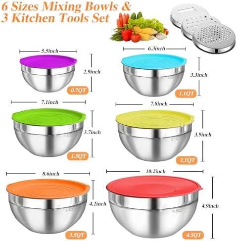 Mixing Bowls with Lids Set, 6 PCS Stainless Steel Mixing Bowls with 3 Grater Attachments, Kitchen Food Organizers Nesting Mixing Bowl, Large Size 4.5, 3.5, 2.1, 1.5, 1.1, 0.7QT-Colorful - Image 5