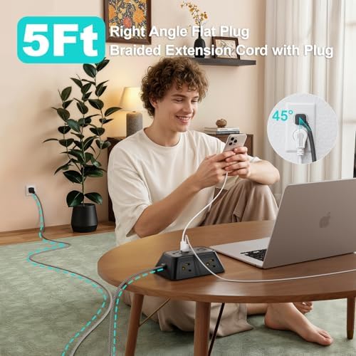 Surge Protector Power Strip with 6 Widely AC Outlets 4 USB Ports(2 USB C), 5 Ft Braided Power Cord, 3-Side Outlet Extender with Overload Protection for Office, Home, Travel Essential-Black-ETL - Image 4