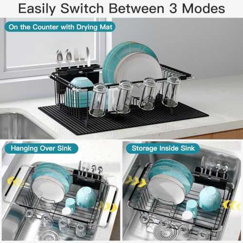 JASIWAY Black Dish Drying Rack in Sink with Mat, Cups and Utensil Holder - Image 2