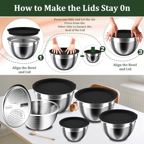 Nicdiet Mixing Bowls with Lids Set, 16PCS Stainless Steel Mixing Bowls,Nesting Storage Bowls for Kitchen with Mixing Bowl, Colander, Strainer & Grater, Metal Salad Bowl for Kitchen Gadgets, Black - Image 2