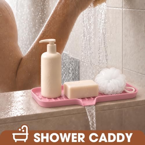 CAKETIME 2 Pack Silicone Soap Dish with Drain Spout for Bathroom Shower Caddy Kitchen Counter Sponge Holder Bar Sink Organizer Tray Container Drying Toiletries Essentials Cute Girl Pink Gifts Large - Image 3