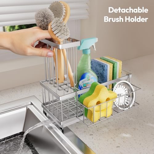 SWTYMIKI Sink Caddy Sponge Holder - Large Sponge Holder for Kitchen Sink with 360°Auto-Drain Tray, Rustproof Stainless Steel Kitchen Organizer Caddy for Countertop Organization - Image 6