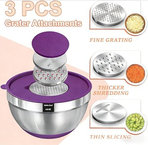 Umite Chef Thickened Heavy-Duty 26pcs Stainless Steel Bowl, Mixing Bowl Set with Lid, Grater Attachment, Colorful Non-Slip Bottom and Kitchen Gadget Set, Sizes 7, 4, 2.5, 2.0, 1.5, 1QT - Image 7