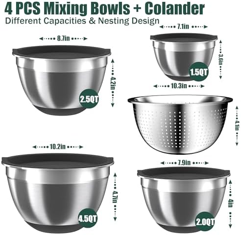 Mixing Bowls with Airtight Lids Set, 4 Stainless Steel Bowls Nesting Bowls & Colander, Kitchen Organizers and Storage Non-Slip Bottom, Size 1.5/2.0/2.5/4.5QT, Great for Mixing & Serving, Black - Image 2