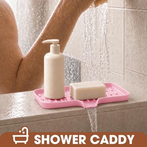 CAKETIME 2 Pack Silicone Soap Dish with Drain Spout for Bathroom Shower Caddy Kitchen Counter Sponge Holder Bar Sink Organizer Tray Container Drying Toiletries Essentials Cute Girl Pink Gifts Medium - Image 2
