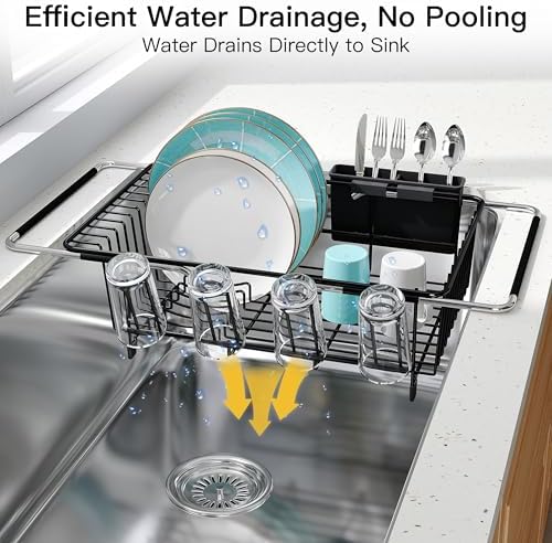 JASIWAY Black Dish Drying Rack in Sink, Dish Drainer with Utensil Holder - Image 6