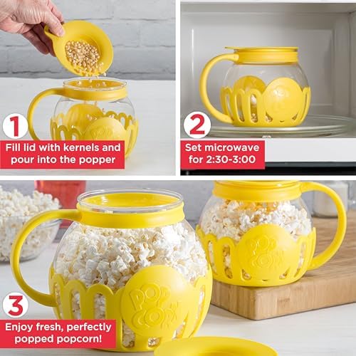 Ecolution Patented Micro-Pop Microwave Popcorn Popper with Temperature Safe Glass, 3-in-1 Lid Measures Kernels and Melts Butter, Made Without BPA, Dishwasher Safe, 1.5-Quart, Yellow - Image 3