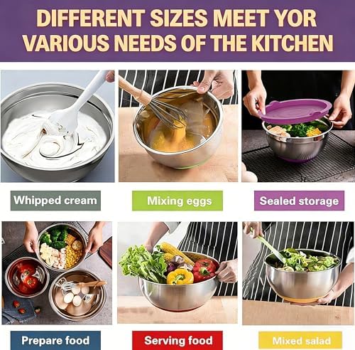 Umite Chef Thickened Heavy-Duty 26pcs Stainless Steel Bowl, Mixing Bowl Set with Lid, Grater Attachment, Colorful Non-Slip Bottom and Kitchen Gadget Set, Sizes 7, 4, 2.5, 2.0, 1.5, 1QT - Image 4