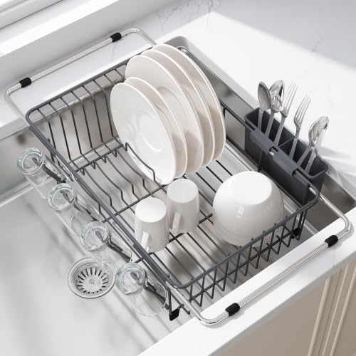 JASIWAY Gray Dish Drying Rack in Sink, Dish Drainer with Utensil Holder by JASIWAY