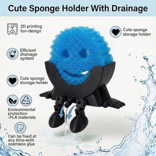 Creative Drainage Sponge Holder: Traceless Glue, 3D Printed Funny Kitchen Sink Holder, Keeps Sponge Dry – for Scrub Daddy (1, Black) - Image 2