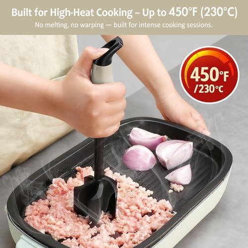 Ourokhome Meat Chopper and Potato Masher, Heat Resistant Nylon Ground Beef Smasher for Hamburger, 5 Curved Blades Nonstick Safe Mixer & Stirrer, Practical Kitchen Gadgets, Almond - Image 3