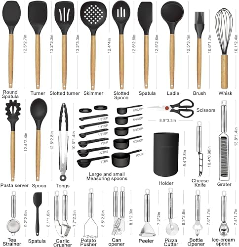 Cooking Utensils Set- 35 PCs Kitchen Utensils with Grater,Tongs, Spoon Spatula &Turner Made of Heat Resistant Food Grade Silicone and Wooden Handles Kitchen Gadgets Tools Set for Nonstick Cookware - Image 2