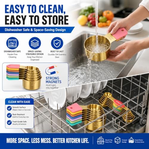 Magnetic Measuring Cups & Spoons Set, Strong N45 Magnets, Heavy Duty Stainless Steel Fits in Spice Jars for Baking & Cooking, BPA Free, Round Set of 15 with Leveler,Gold&Colorful - Image 6