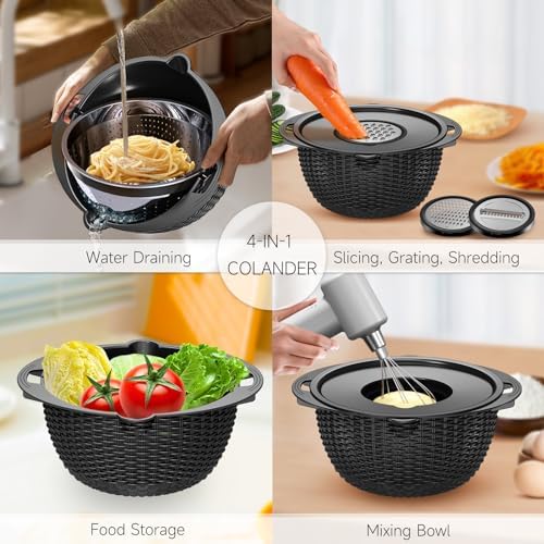 4-1 Colander with Bowl Set - Pasta Strainer - Colander for Kitchen - Strainers and Colanders Rice Strainer Fruit Cleaner Veggie Wash Sink Strainer Kitchen Essentials - Black - Image 2