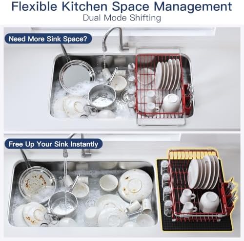 JASIWAY Red Dish Drying Rack in Sink with Mat, Cups and Utensil Holder - Image 4