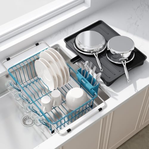 JASIWAY Blue Dish Drying Rack in Sink with Drainboard and Utensil Holder by JASIWAY