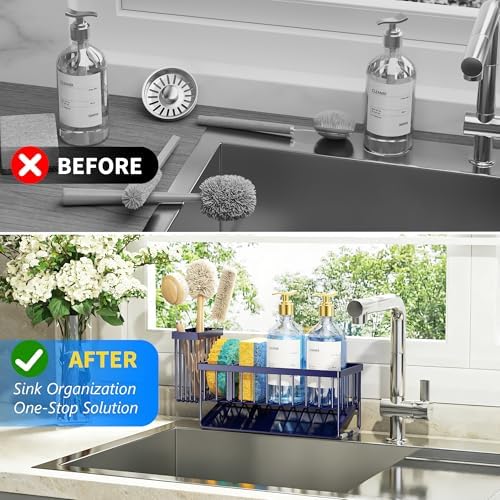 Cisily Navy Blue Sink Caddy Organzier with High Brush Holder, Sponge Holder for Sink, 304 Rustproof Stainless, Kitchen Countertop Soap Dispenser Organizer, Gray Blue Kitchen Decor and Accessories - Image 6