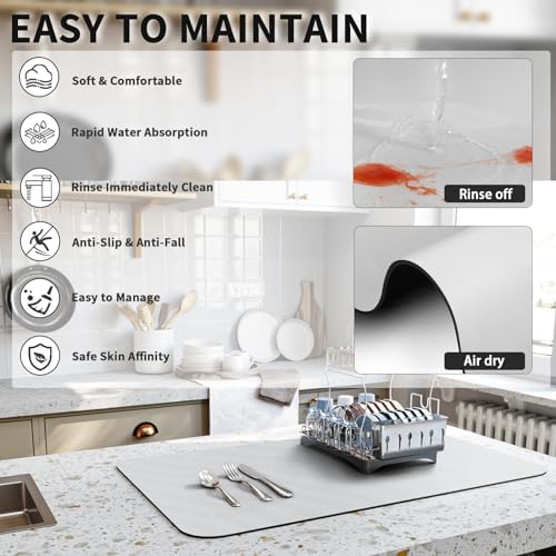 HotLive Dish Drying Mat for Kitchen Counter, Heat Resistant Drainer Mats with Non-slip Rubber Backed, Hide Stain Kitchen Super Absorbent Draining Mat, Easy to Clean Dish Rack Pad, Light Grey 16"x18" - Image 4