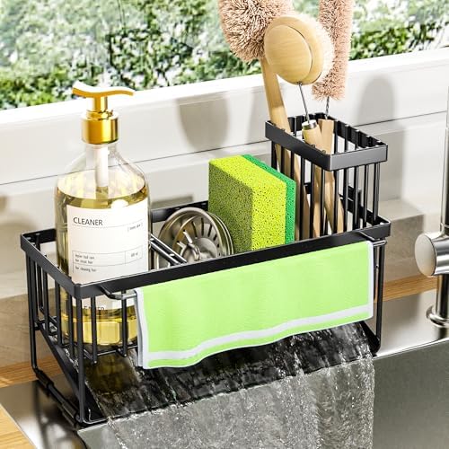 Cisily Kitchen Sink Caddy Organizer with High Brush Holder, Sponge Holder for Sink, 304 Rustproof Stainless Steel, Countertop Soap Dispenser Organizer, Black with Towel Rack, 9.25 by CISILYHOMELIFE