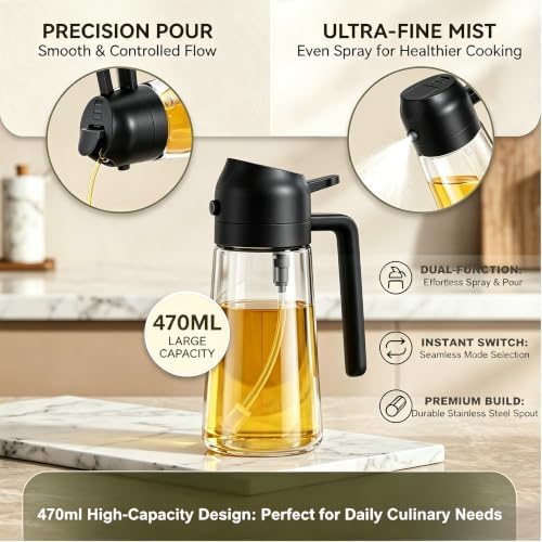Pure Future 2-in-1 Olive Oil Sprayer for Cooking, Dispenser Bottle (Black) - Image 2