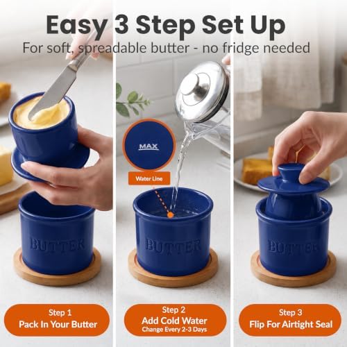 Priority Chef Butter Crock with Lid for Countertop with Spreader Knife and Water Line, Soft Spreadable Butter, Ceramic French Butter Dish with Lid, Dark Blue - Image 3