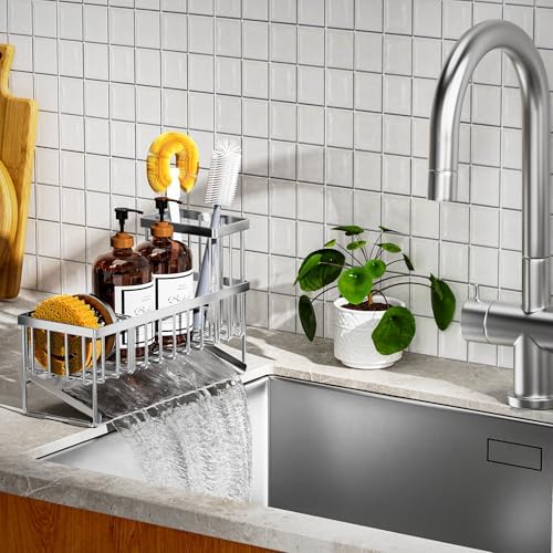 Cisily Extra Large Silver Kitchen Sink Caddy Organzier with High Brush Holder, Sponge Holder for Sink, 304 Rustproof Stainless, Kitchen Countertop Soap Dispenser Organizer For Decor and Accessories - Image 4
