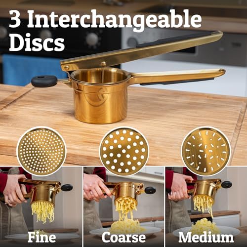 PriorityChef Large 15oz Potato Ricer With 3 Discs, Heavy Duty Stainless Steel Potato Ricer for Mashed Potatoes, Potato Masher, Press and Ricer Kitchen Tool, Gold Steel Black Silicone - Image 3