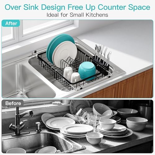 JASIWAY Black Dish Drying Rack Over the Sink with Utensil Holder - Image 2