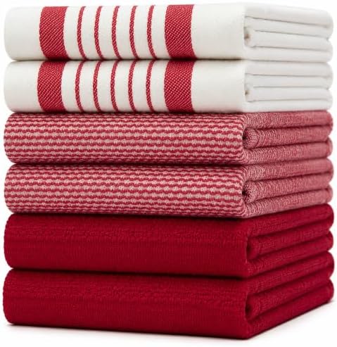 Premium Kitchen Towels 6 Pack 100% Cotton 20"x28" Dish Towels Red Striped by BumbleTowels