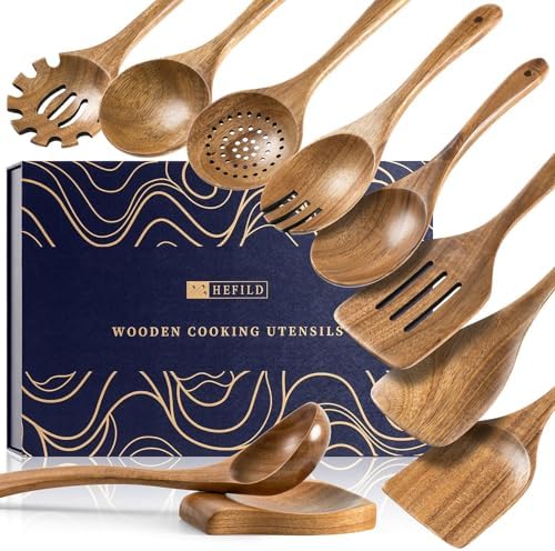 Wooden Spoons for Cooking, 10-Piece Acacia Wood Utensil Gift Set by HEFILD