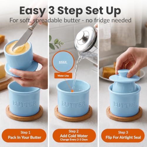 Priority Chef Butter Crock with Lid for Countertop with Spreader Knife and Water Line, Soft Spreadable Butter, Ceramic French Butter Dish with Lid, Light Blue - Image 4